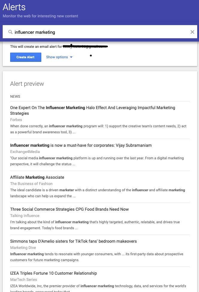 Setting up google alerts for influencer marketing. 