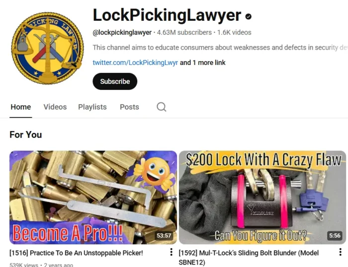 YouTube channel page with video thumbnails for @LockPickingLawyer