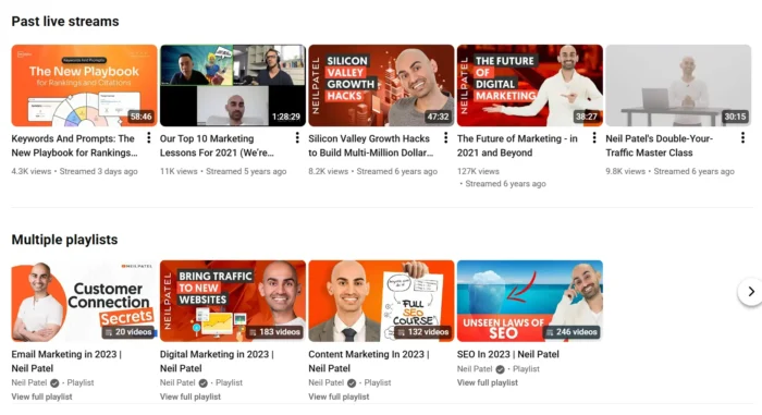 Videos sorted by the categories “past live streams” and “multiple playlists” on Neil Patel’s YouTube channel.
