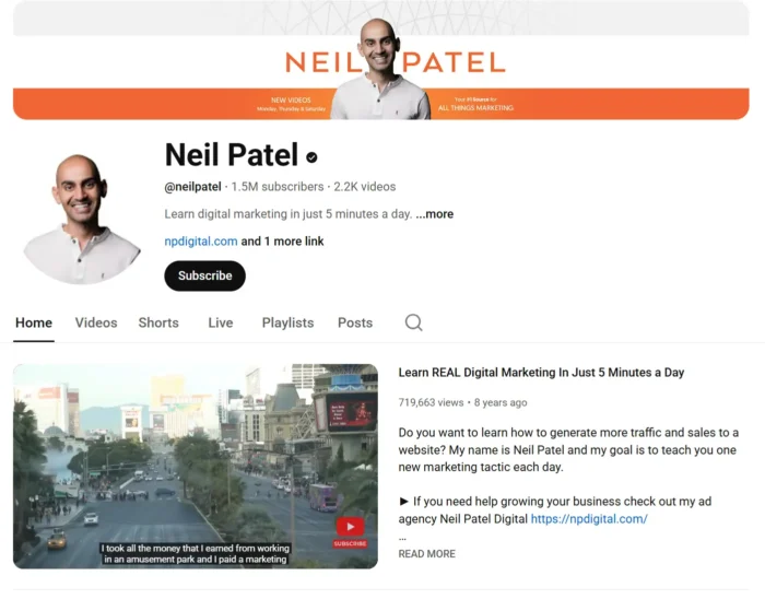 The home page for Neil Patel’s YouTube channel.