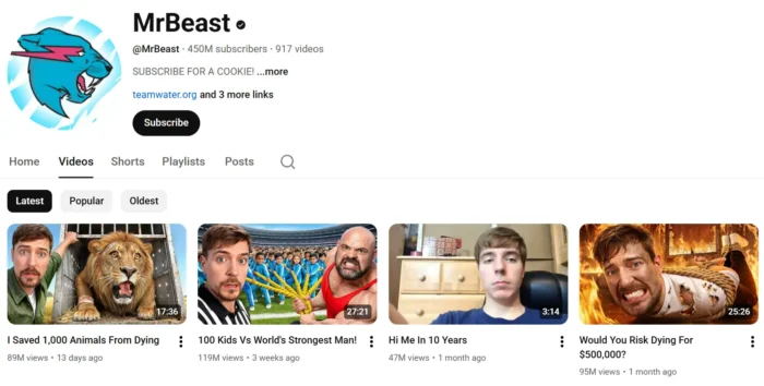 Latest video thumbnails on MrBeast’s YouTube channel
