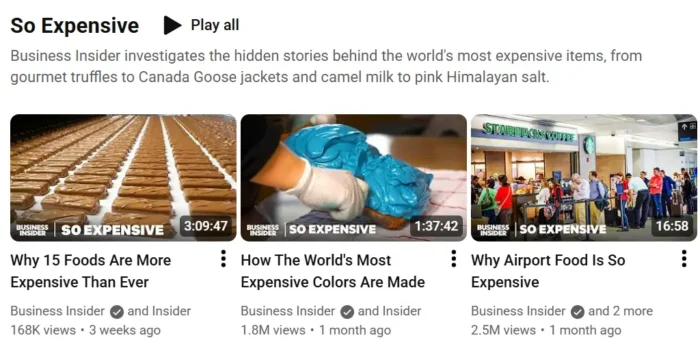Thumbnails and titles of various videos on the Business Insider YouTube channel.