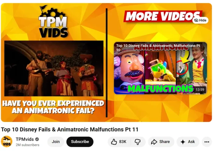 An end-screen CTA for a TPMvids YouTube video titled “Top 10 Disney Fails & Animatronics Malfunctions.”