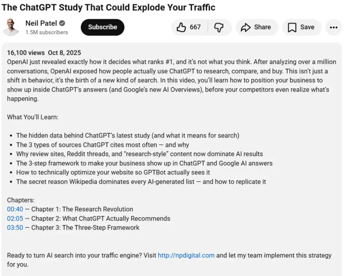 A video description for “The ChatGPT Study That Could Explode Your Traffic” on Neil Patel’s YouTube channel.
