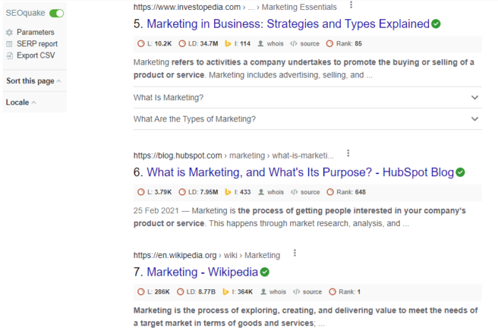 SEOquake profiling a search for "marketing in business"
