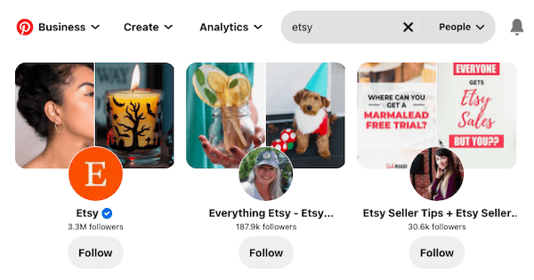 Etsy profiles on Pinterest