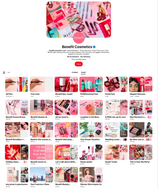 Benefit Cosmetics Pinterest profile