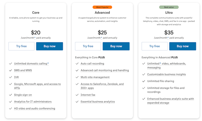 RingCentral pricing that includes three tiers. 