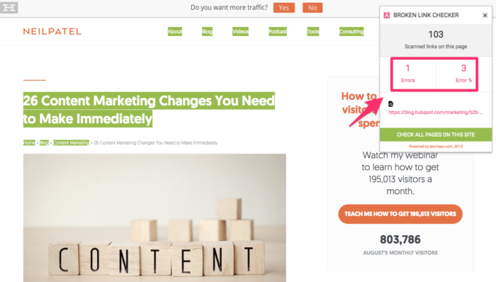 Broken Link Checker finds one broken link on a Neil Patel blog