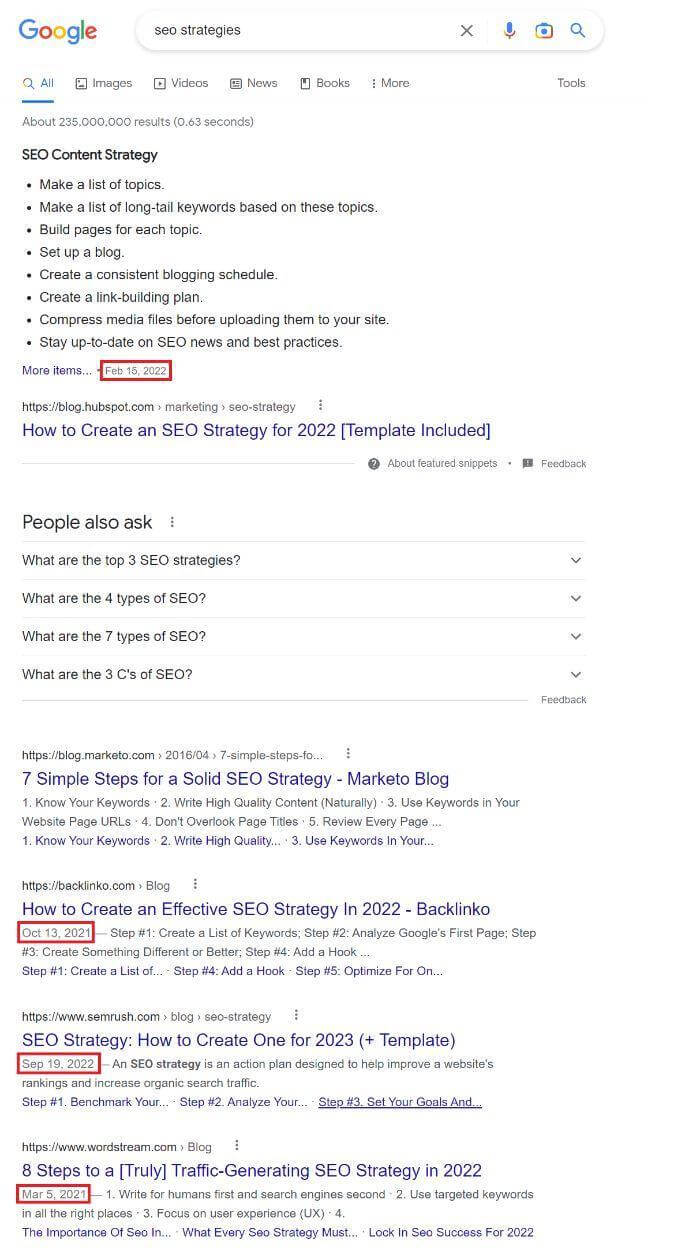 Google search result for the keyword "SEO strategies"