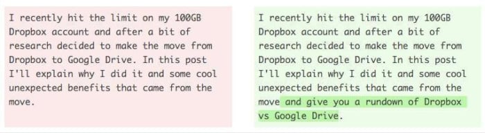 two text boxes comparing the updates that were made to a paragraph of copy