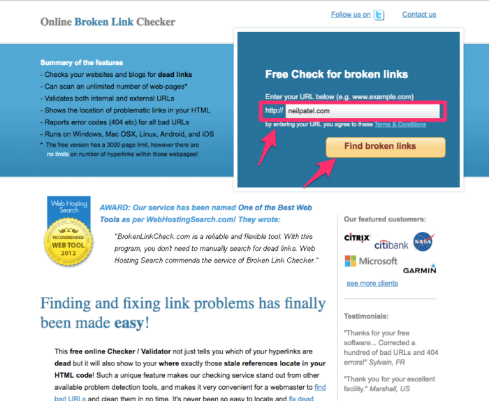 screenshot of a tool that checks content for broken links