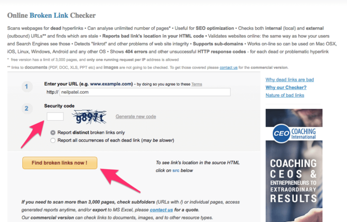 Free Broken Link Checker checks your website for bad links dead links online 