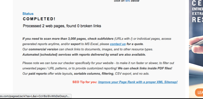 "Completed" page for broken link checker