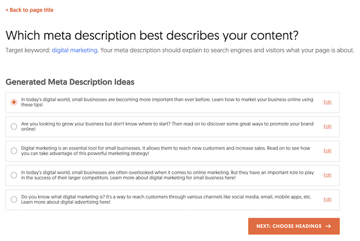 A list of meta descriptions created by Ubersuggest's AI copywriting tool.