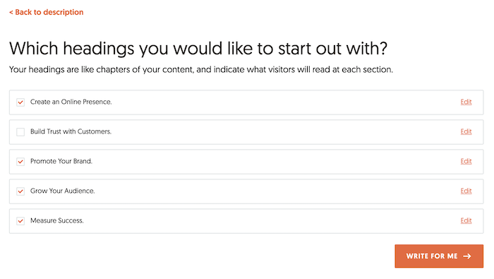 A list of potential headings from Ubersuggest's AI writing tool.