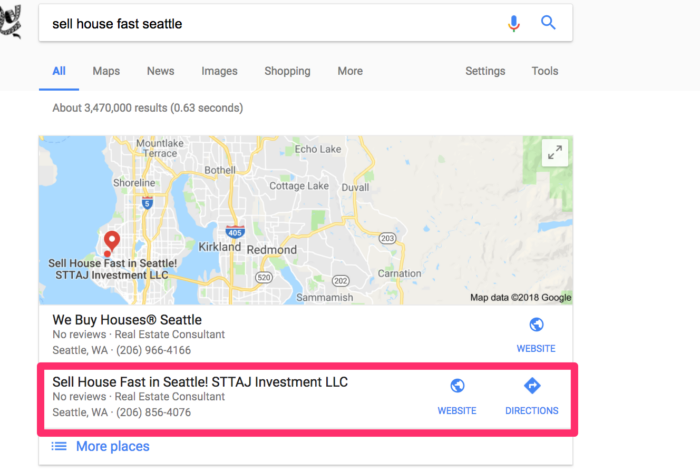 The SERPs for "sell house fast Seattle"