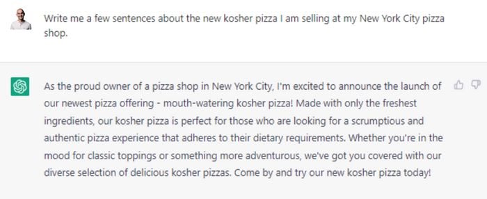 ChatGPT response asking about kosher pizza in NYC. 