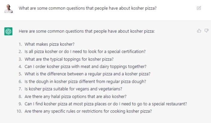 ChatGPT response asking about questions regarding kosher pizza. 