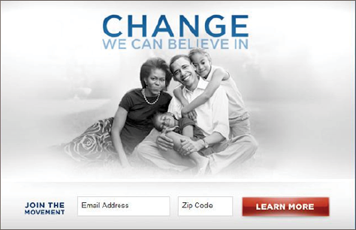 The email landing page used by the Obama campaign.