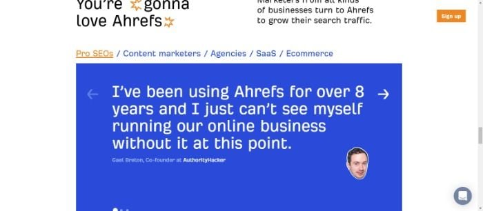 An Ahrefs testimonial.