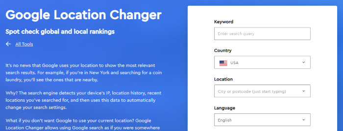 The Google Location Changer homepage.
