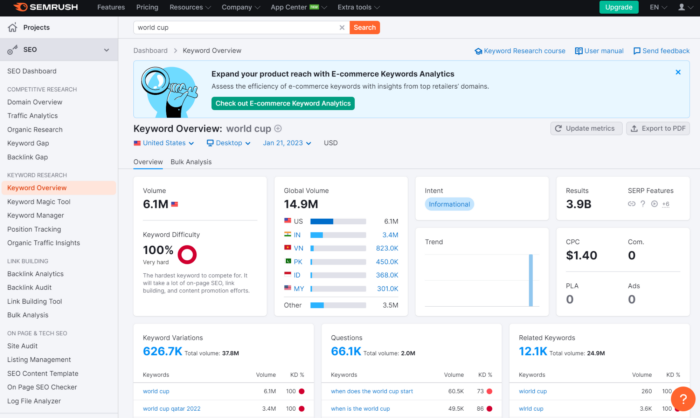 SEMrush site audit dashboard 