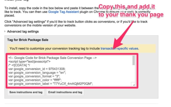 The code snippet for a conversion tag in Google Ads.