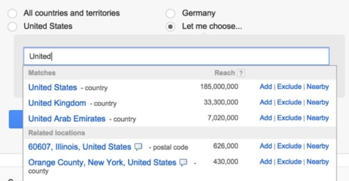 Choosing a country to focus on in Google Ads.