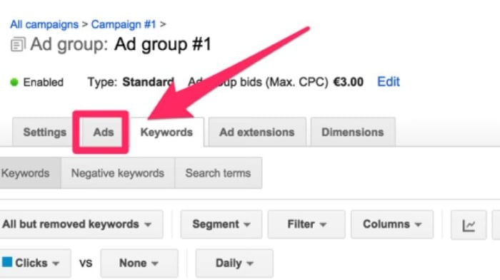 Going to the Ads tab in Google Ads.