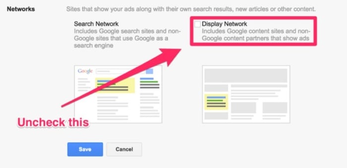 Unchecking Display Network in Google Ads.
