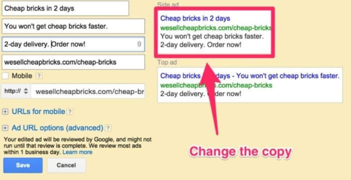 Modfiying a copied ad in Google Ads.