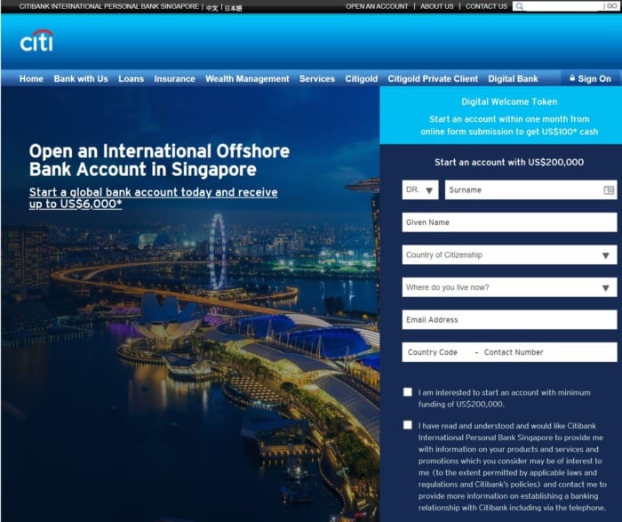 A landing page from Citibank.