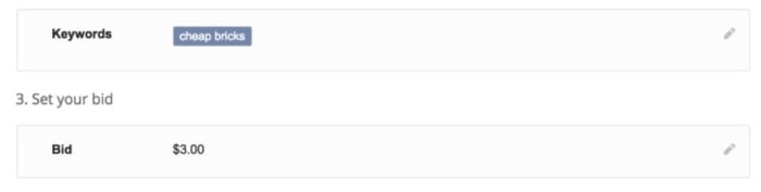 Entering a keyword and selecting a bid in Google Ads.