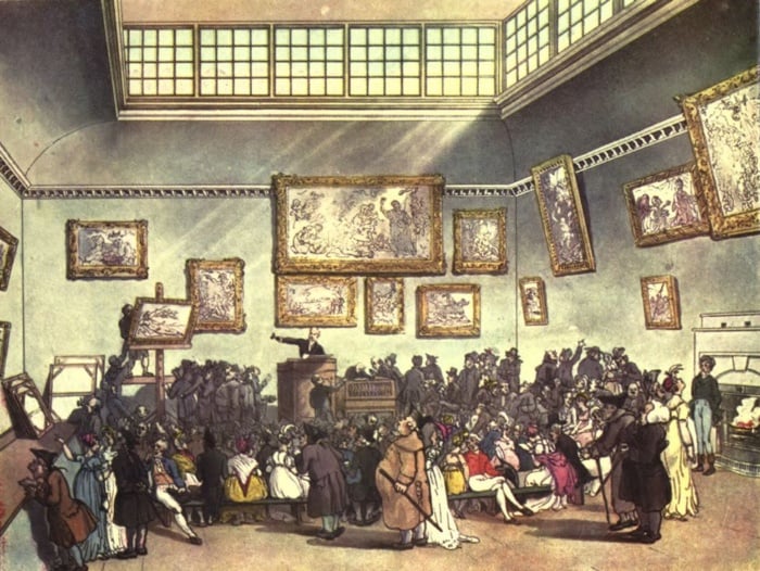 A painting of an auction setting.
