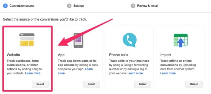 Choosing a website as a conversion source in Google Ads.