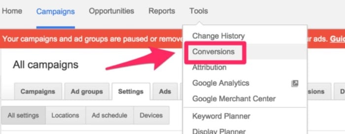 Going to Conversions in Google Ads.