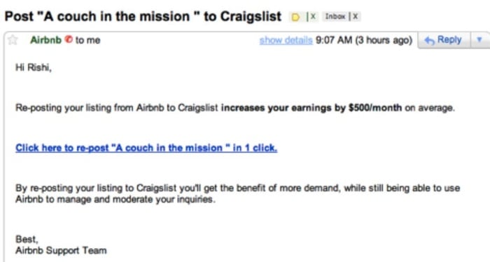 email from airbnb to post on craigslist