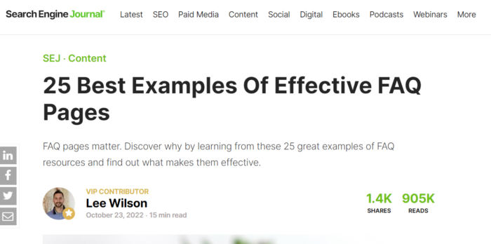 The SEJ article: 25 Best Examples Of Effective FAQ Pages