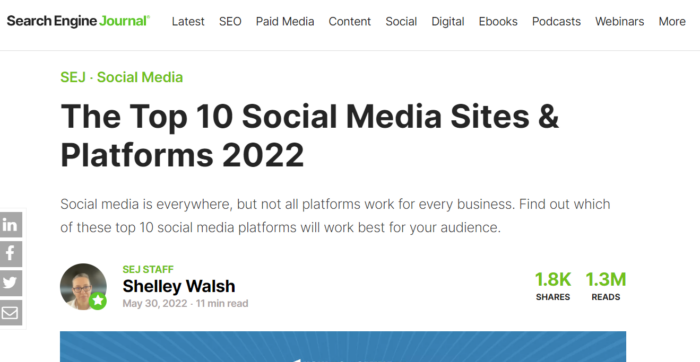 The SEJ article The Top 10 Social Media Sites & Platforms 2022