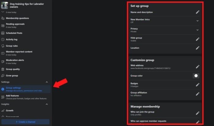 Group settings for Facebook groups. 