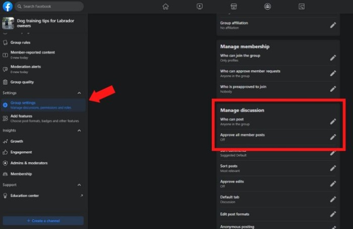 Group settings in Facebook groups. 