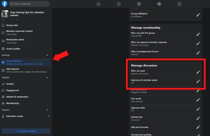 Group settings in Facebook groups. 