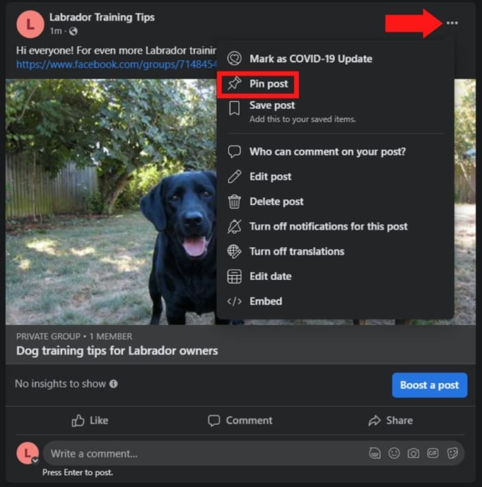 Pinning a post in faceboo groups. 