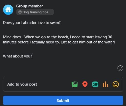 Group post asking a questions on Facebook groups. 