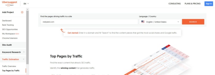 Looking up top pages by traffic in Ubersuggest.