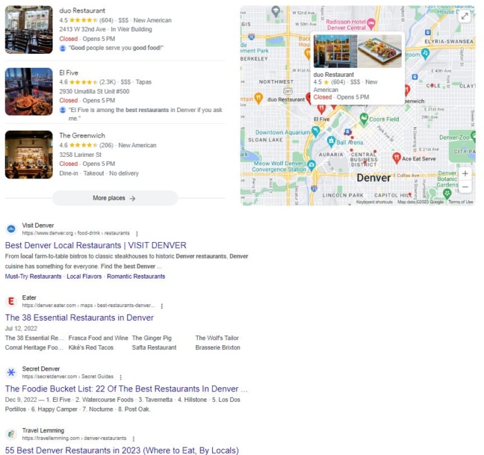 Denver restaurants google results. 