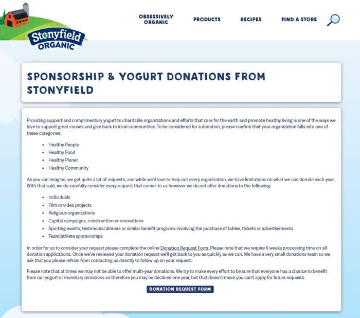 Sponsorshup & yogurt donations from Stonyfield. 