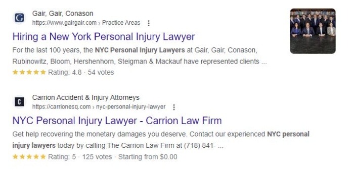 Google results for a personal injury lawyer. 