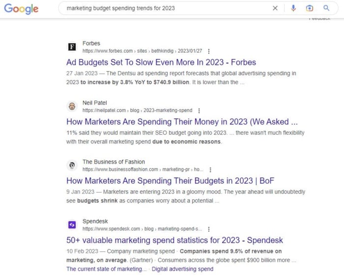 Google results for marketing budget spending trends for 2023. 